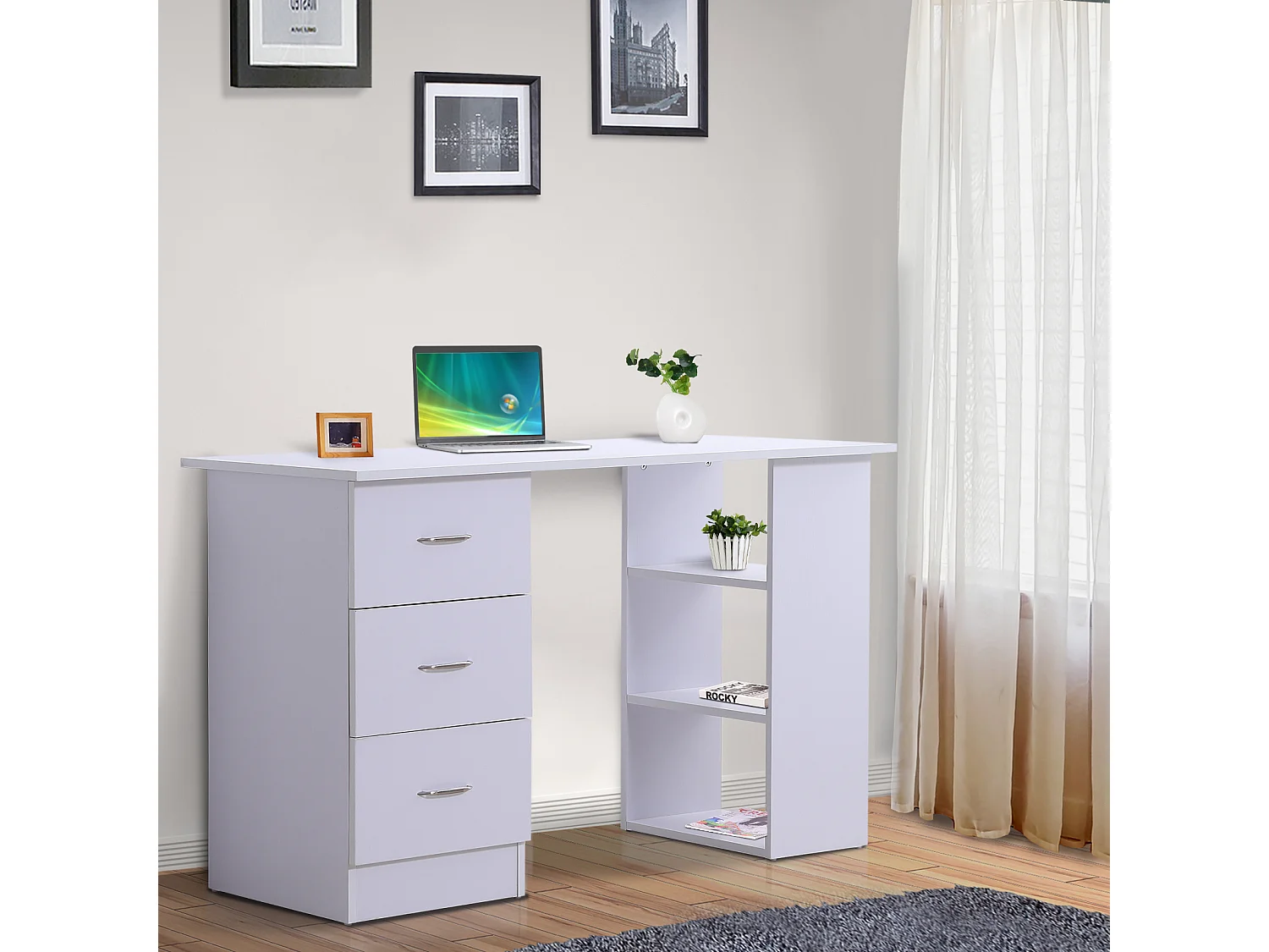 Bureau informatique table multi-fonctions 3 tiroirs 2 étagères dim. 120L x 49l x 72H cm MDF blanc
