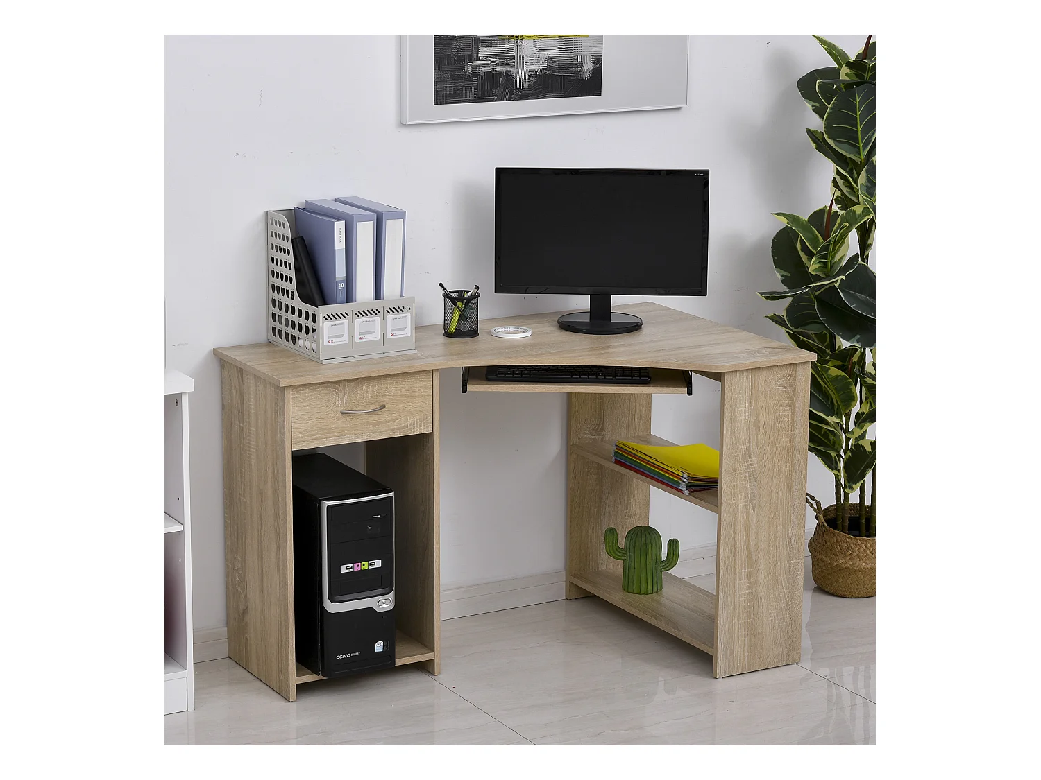 Bureau informatique d'angle tiroir tablette clavier étagère - dim. 120L x 70l x 75H cm - panneaux particules chêne clair