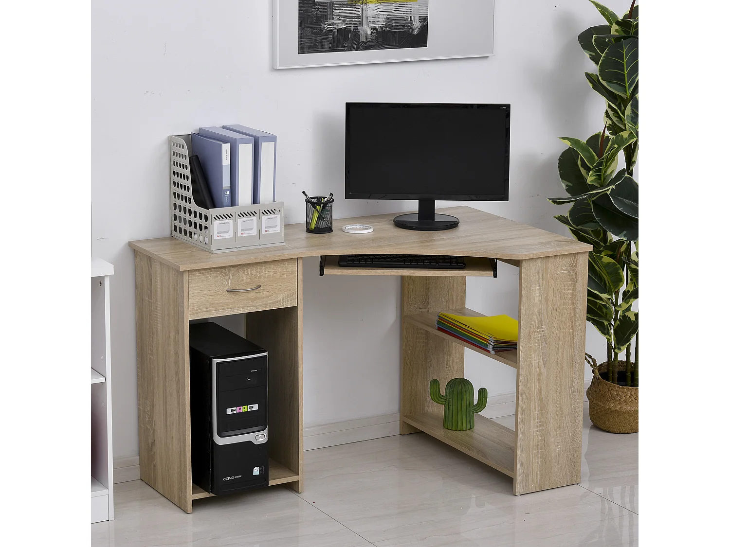 Bureau informatique d'angle tiroir tablette clavier étagère - dim. 120L x 70l x 75H cm - panneaux particules chêne clair