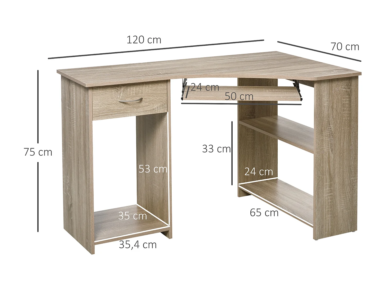 Bureau informatique d'angle tiroir tablette clavier étagère - dim. 120L x 70l x 75H cm - panneaux particules chêne clair