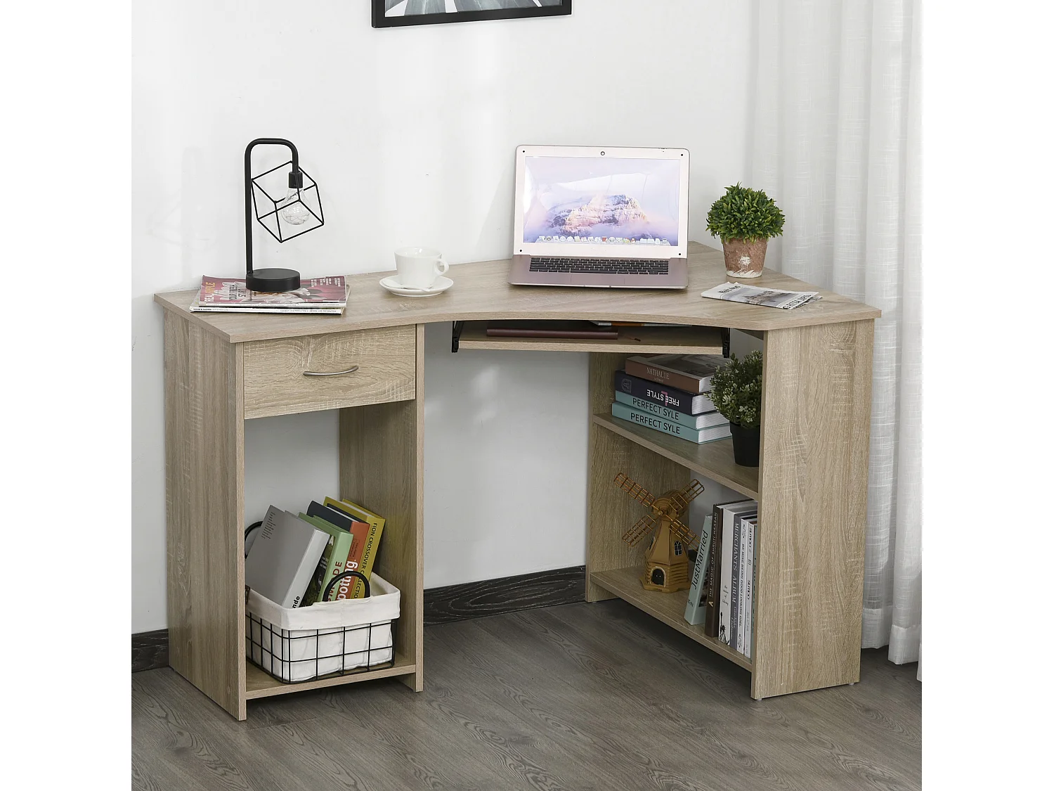 Bureau informatique d'angle tiroir tablette clavier étagère - dim. 120L x 70l x 75H cm - panneaux particules chêne clair