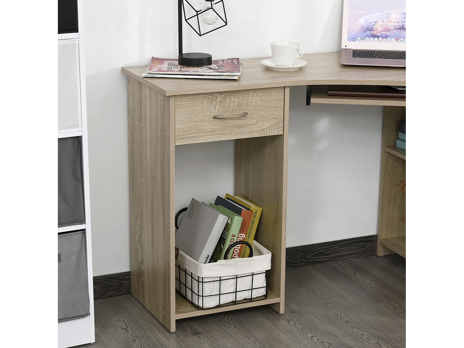 Bureau informatique d'angle tiroir tablette clavier étagère - dim. 120L x 70l x 75H cm - panneaux particules chêne clair