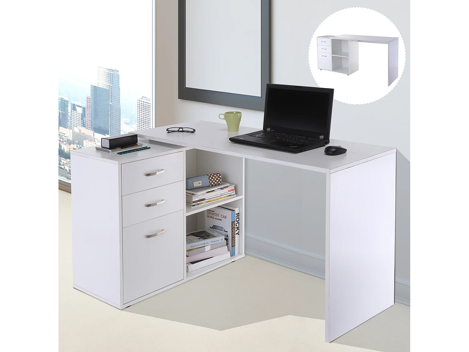 Bureau d'angle bureau droit modulable 2 en 1 bureau informatique tiroirs x 3 + 2 niches MDF blanc