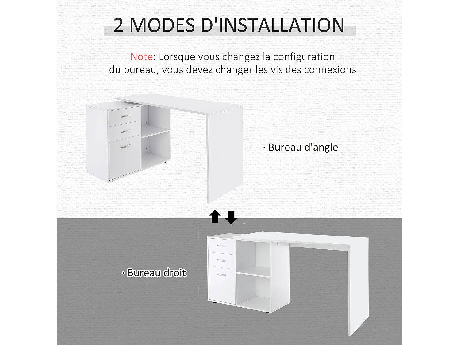 Bureau d'angle bureau droit modulable 2 en 1 bureau informatique tiroirs x 3 + 2 niches MDF blanc