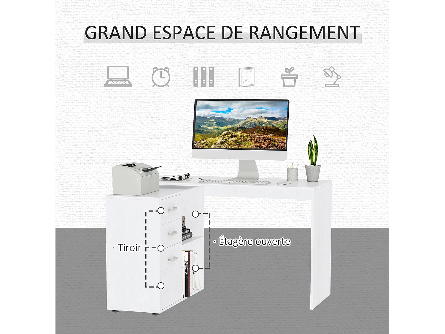 Bureau d'angle bureau droit modulable 2 en 1 bureau informatique tiroirs x 3 + 2 niches MDF blanc