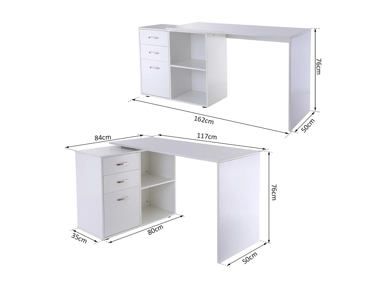 Bureau d'angle bureau droit modulable 2 en 1 bureau informatique tiroirs x 3 + 2 niches MDF blanc