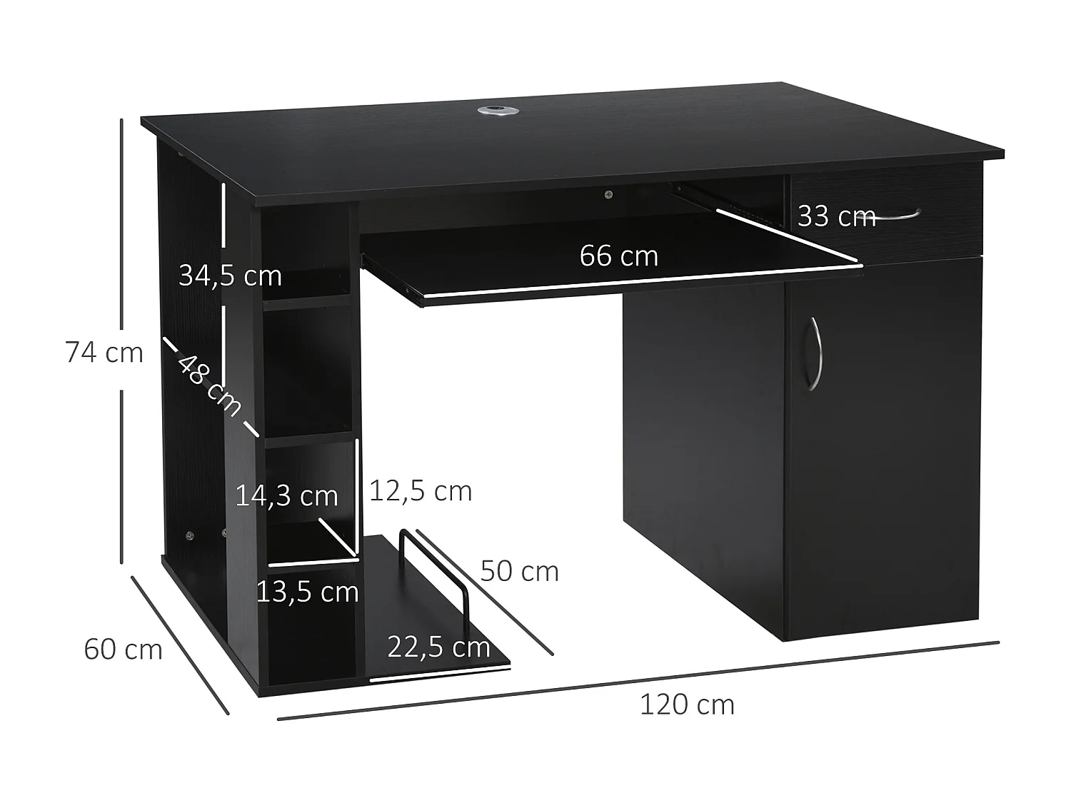 Bureau informatique multimédia multi-rangements avec étagère tiroir tablette clavier MDF 120 x 60 x 74 cm noir