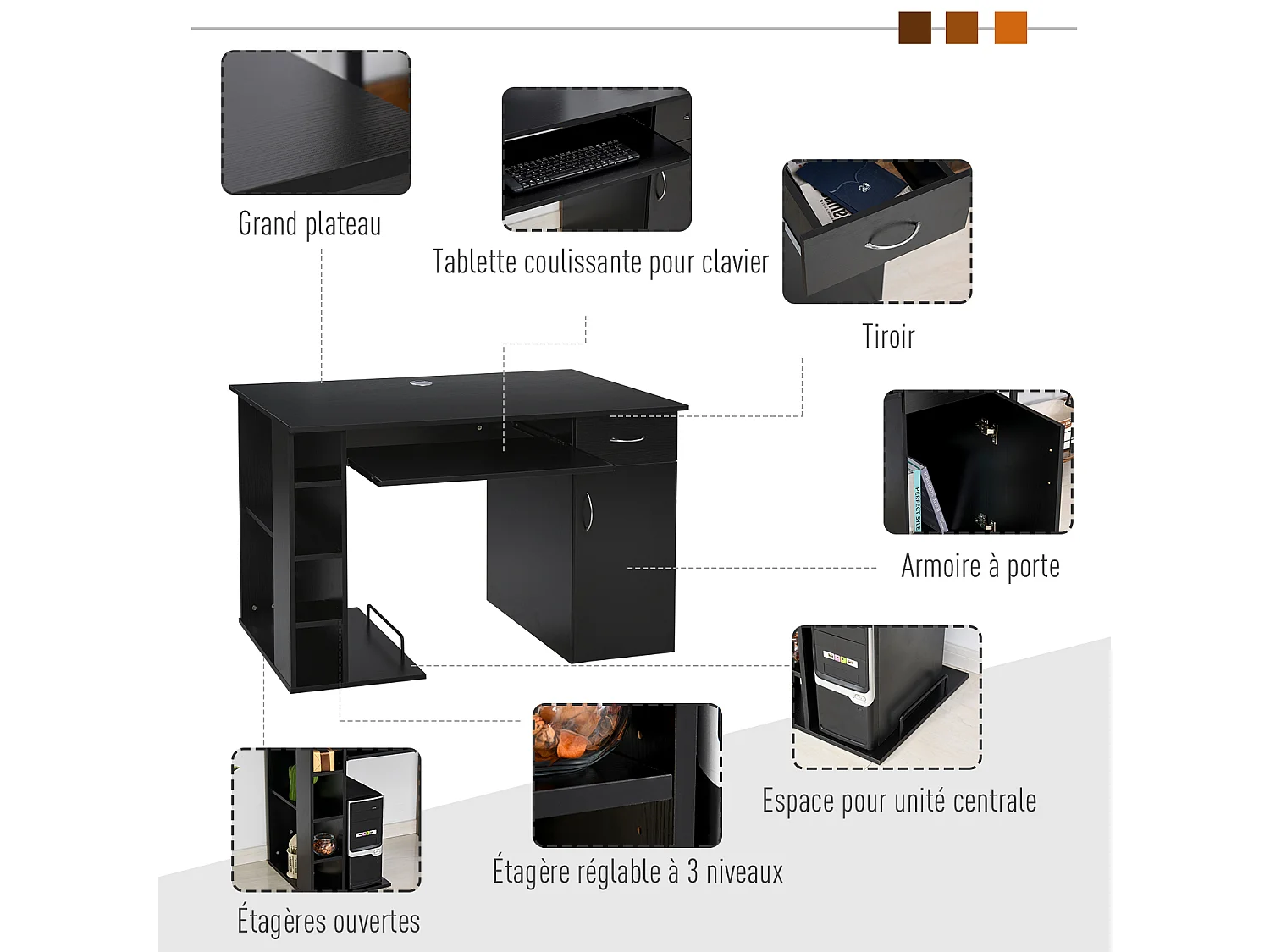 Bureau informatique multimédia multi-rangements avec étagère tiroir tablette clavier MDF 120 x 60 x 74 cm noir