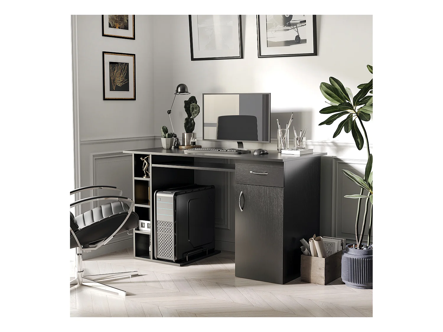 Bureau informatique multimédia multi-rangements avec étagère tiroir tablette clavier MDF 120 x 60 x 74 cm noir