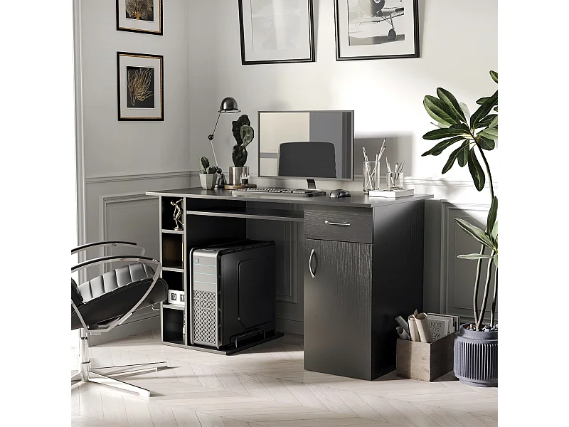Bureau informatique multimédia multi-rangements avec étagère tiroir tablette clavier MDF 120 x 60 x 74 cm noir