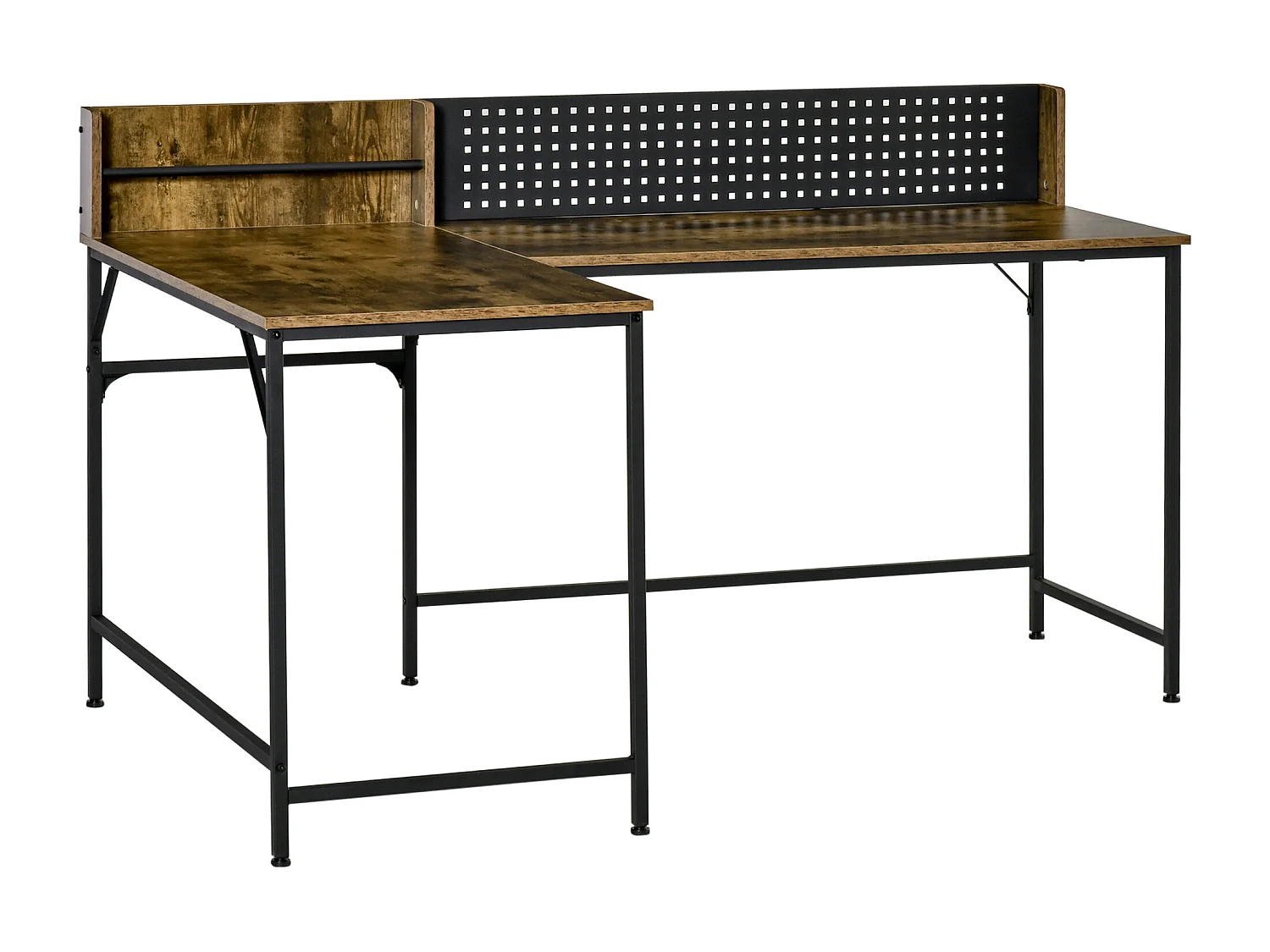 Bureau d'angle informatique design industriel - porte-revues, panneau mémo perforé - métal noir MDF aspect bois vieilli