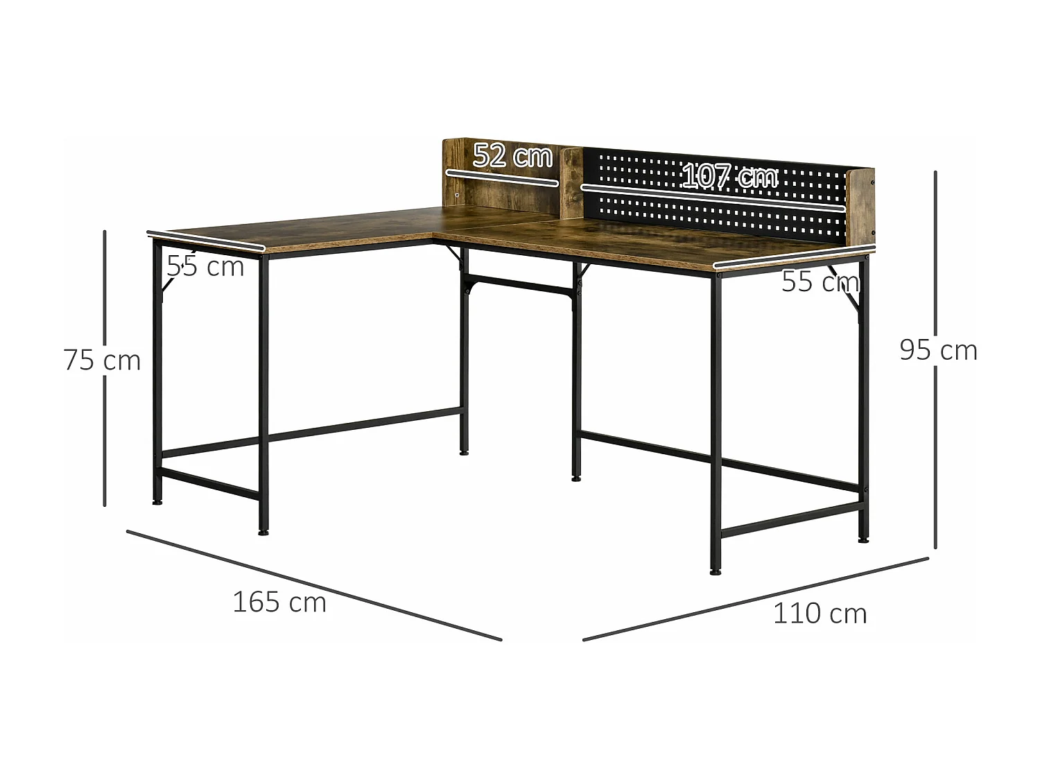 Bureau d'angle informatique design industriel - porte-revues, panneau mémo perforé - métal noir MDF aspect bois vieilli