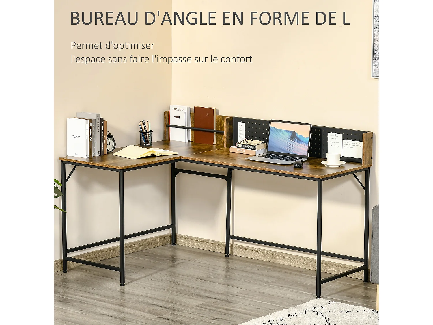 Bureau d'angle informatique design industriel - porte-revues, panneau mémo perforé - métal noir MDF aspect bois vieilli