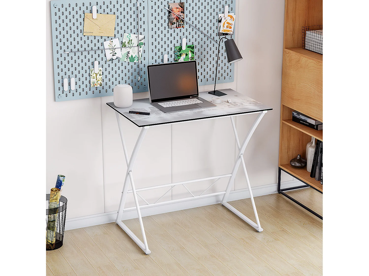 Bureau informatique design contemporain plateau verre trempé décor New-York châssis métal blanc