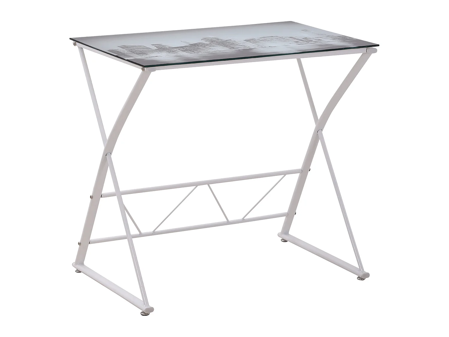 Bureau informatique design contemporain plateau verre trempé décor New-York châssis métal blanc