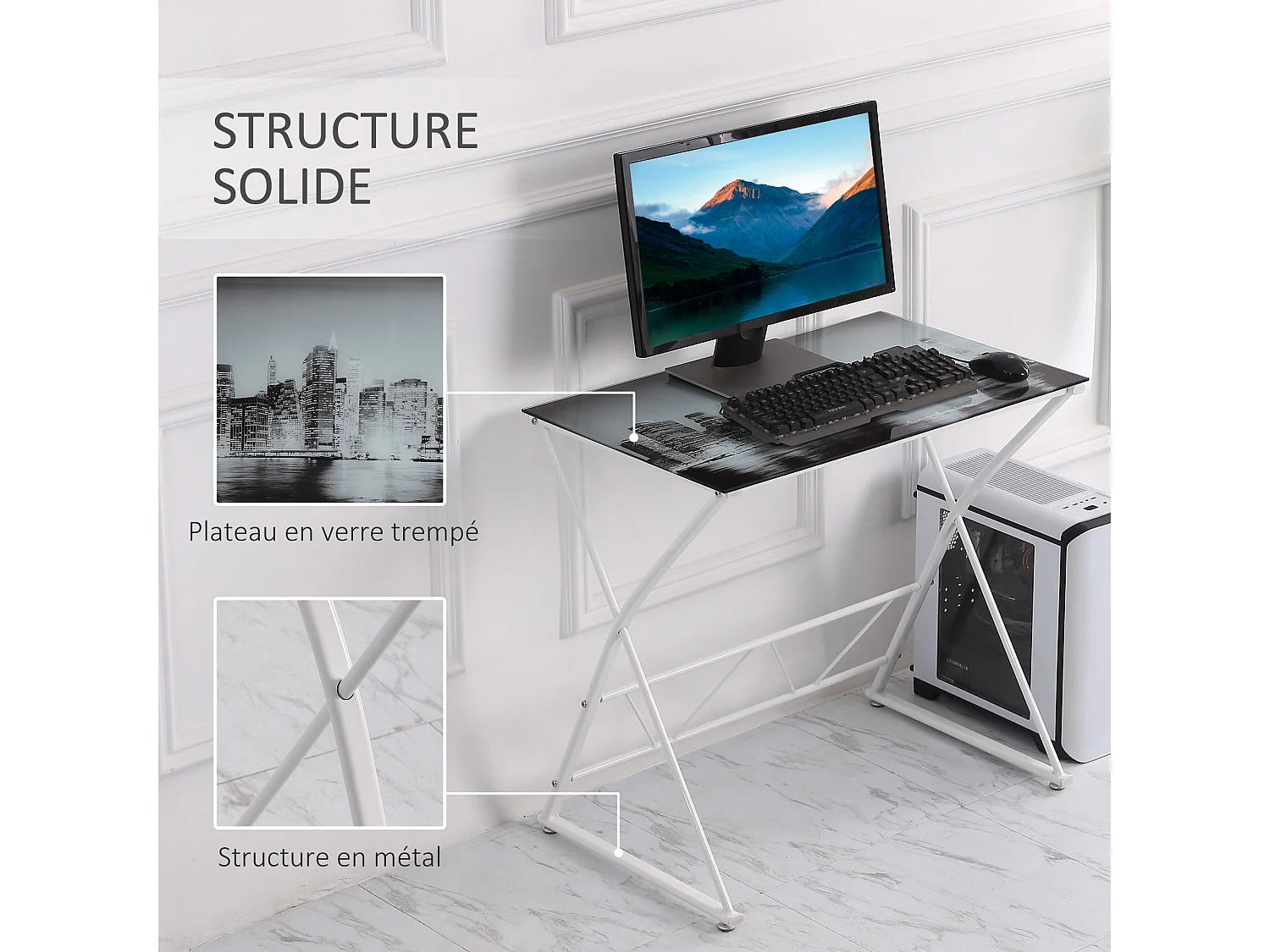 Bureau informatique design contemporain plateau verre trempé décor New-York châssis métal blanc