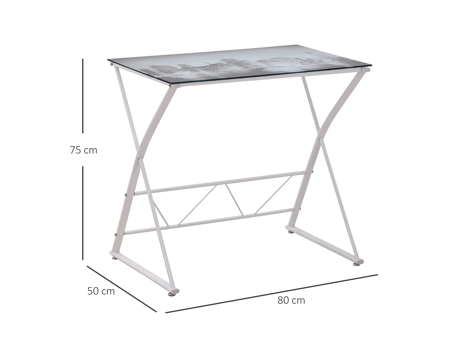 Bureau informatique design contemporain plateau verre trempé décor New-York châssis métal blanc