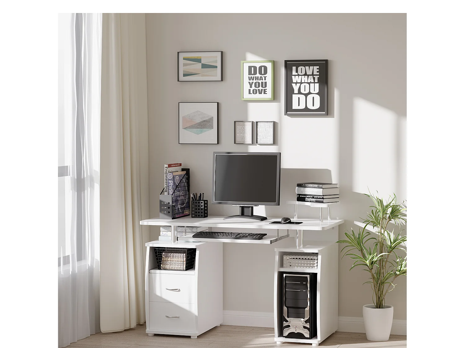 Bureau informatique multimédia multi-rangements 120L x 55l x 85H cm panneaux particules blanc