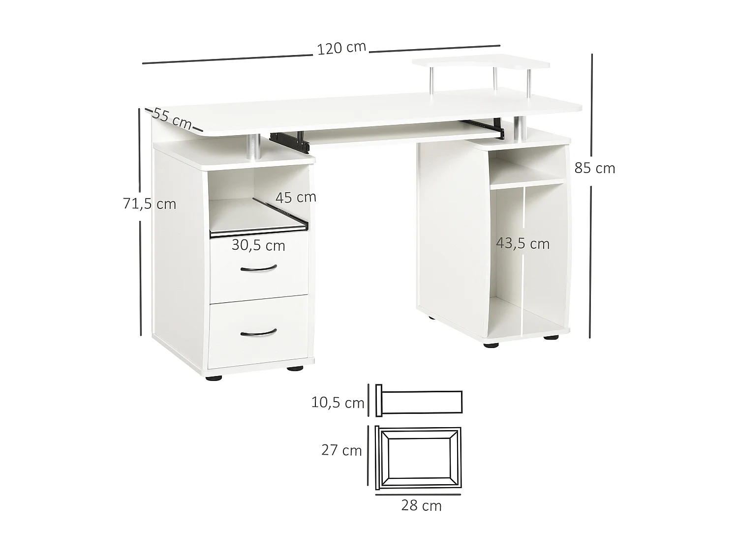 Bureau informatique multimédia multi-rangements 120L x 55l x 85H cm panneaux particules blanc
