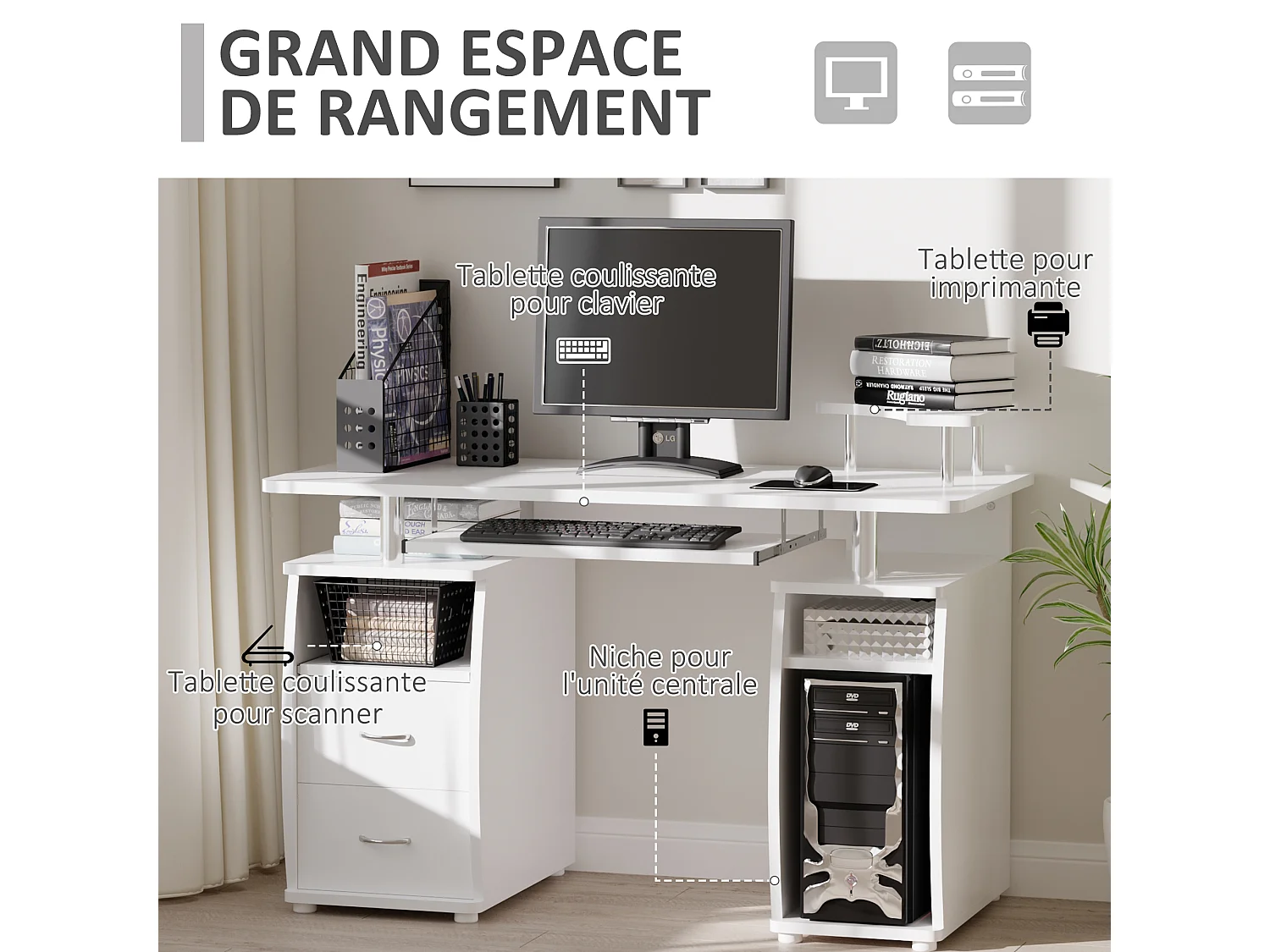 Bureau informatique multimédia multi-rangements 120L x 55l x 85H cm panneaux particules blanc