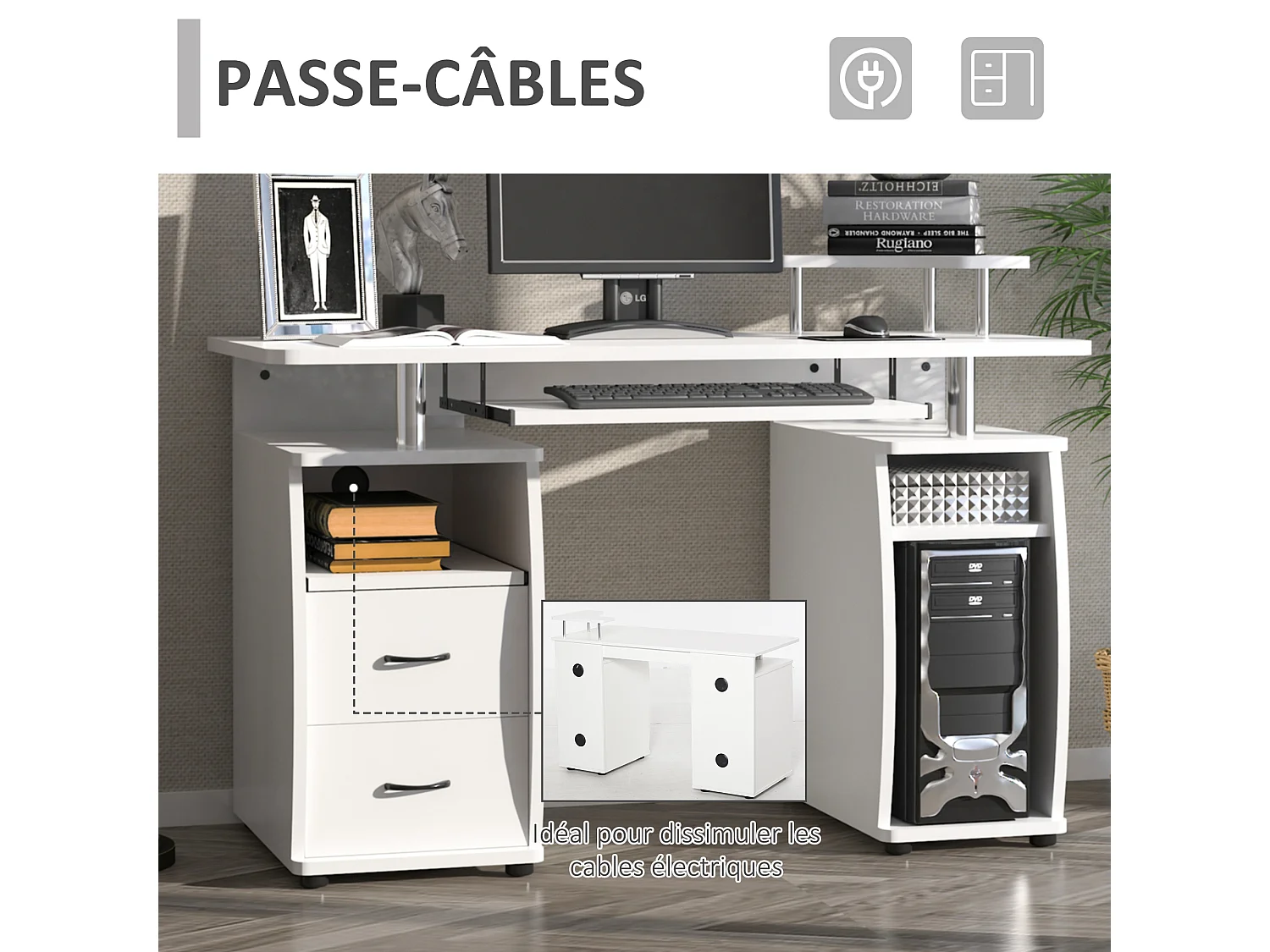 Bureau informatique multimédia multi-rangements 120L x 55l x 85H cm panneaux particules blanc