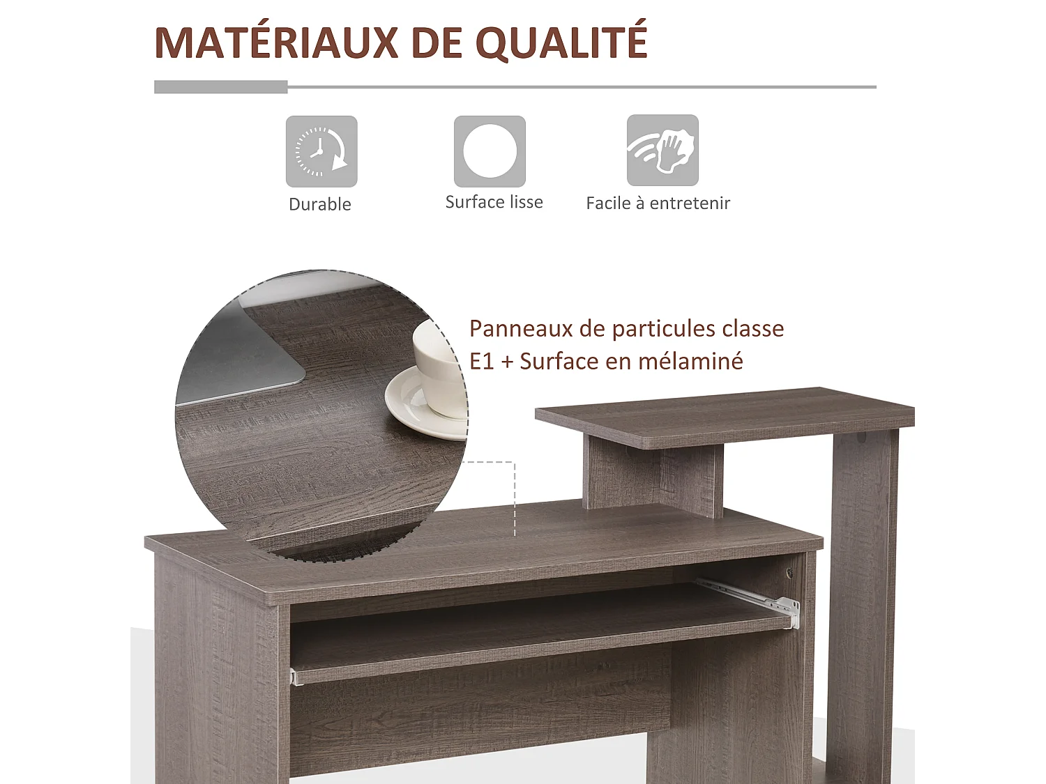 Bureau informatique multimédia étagères tablette clavier panier noir panneaux particules gris