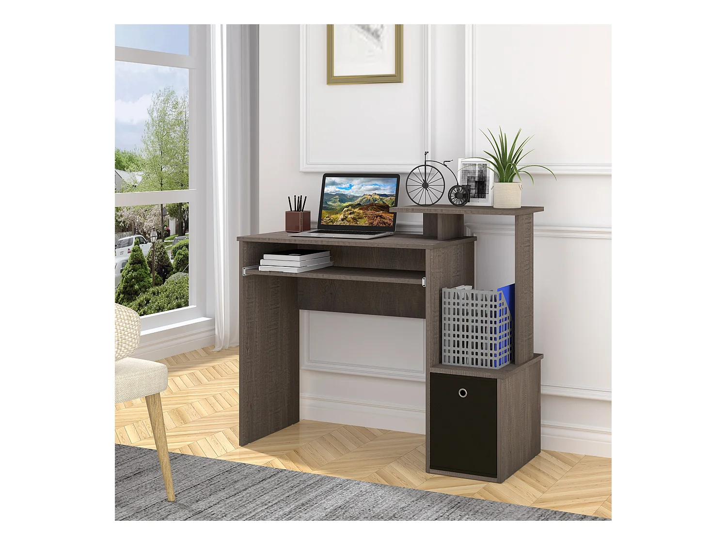 Bureau informatique multimédia étagères tablette clavier panier noir panneaux particules gris