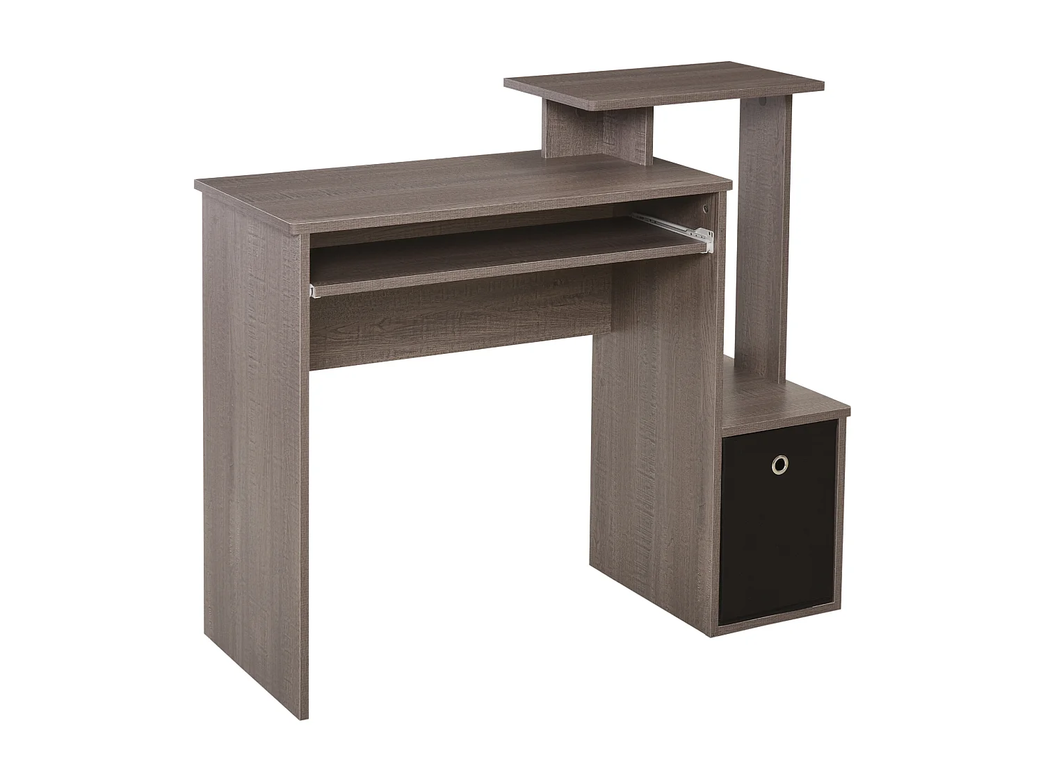 Bureau informatique multimédia étagères tablette clavier panier noir panneaux particules gris