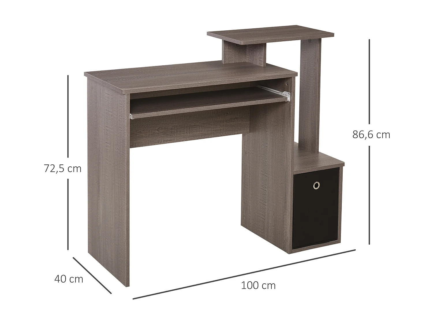 Bureau informatique multimédia étagères tablette clavier panier noir panneaux particules gris