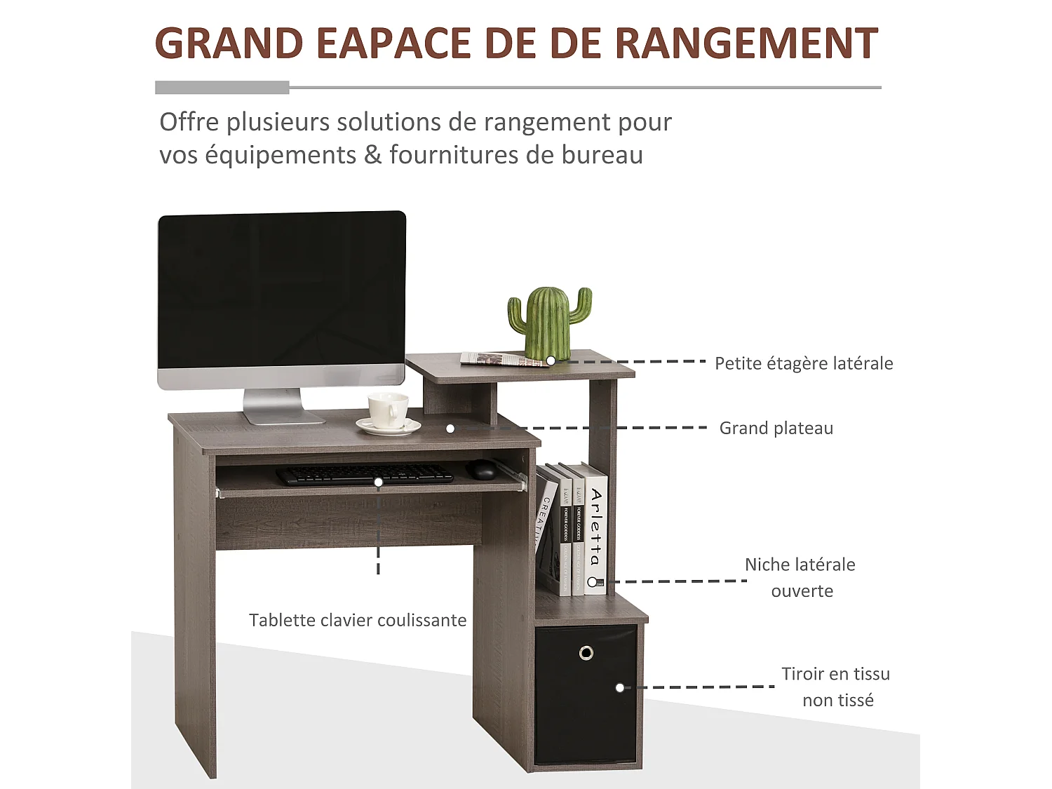 Bureau informatique multimédia étagères tablette clavier panier noir panneaux particules gris