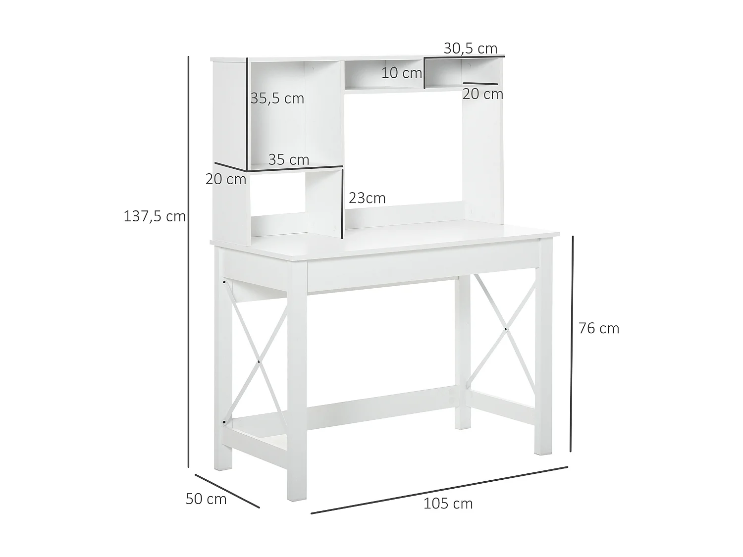 Bureau bibliothèque 2 en 1 - 3 niches 4 espaces de rangement - panneaux particules métal blanc