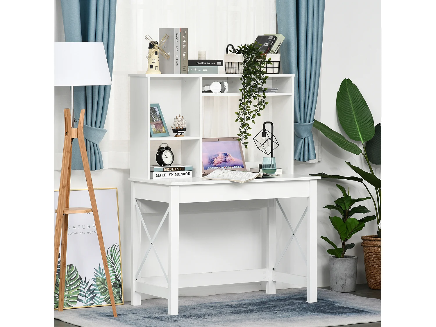 Bureau bibliothèque 2 en 1 - 3 niches 4 espaces de rangement - panneaux particules métal blanc