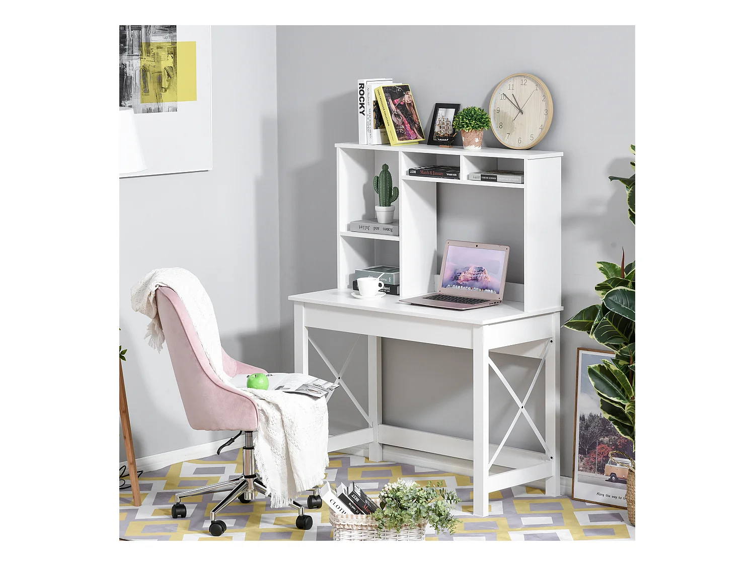 Bureau bibliothèque 2 en 1 - 3 niches 4 espaces de rangement - panneaux particules métal blanc