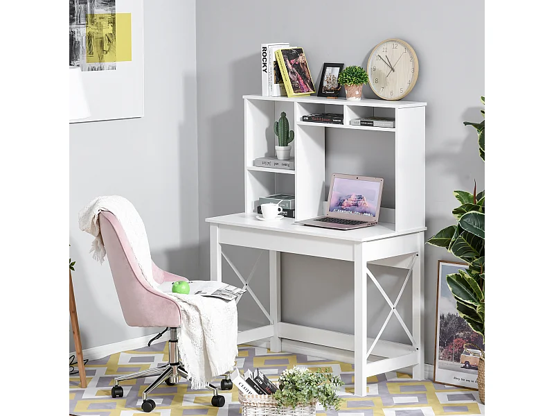 Bureau bibliothèque 2 en 1 - 3 niches 4 espaces de rangement - panneaux particules métal blanc