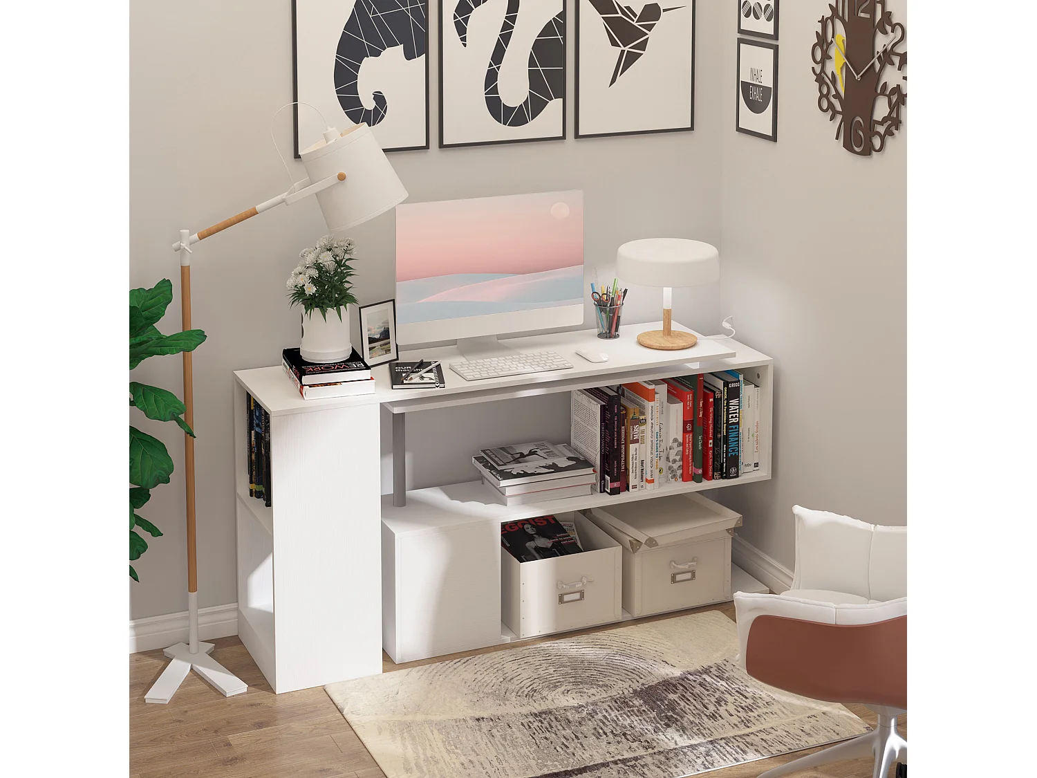 Bureau informatique multimédia modulable design contemporain zig zag bibliothèque intégrée panneaux particules blanc métal