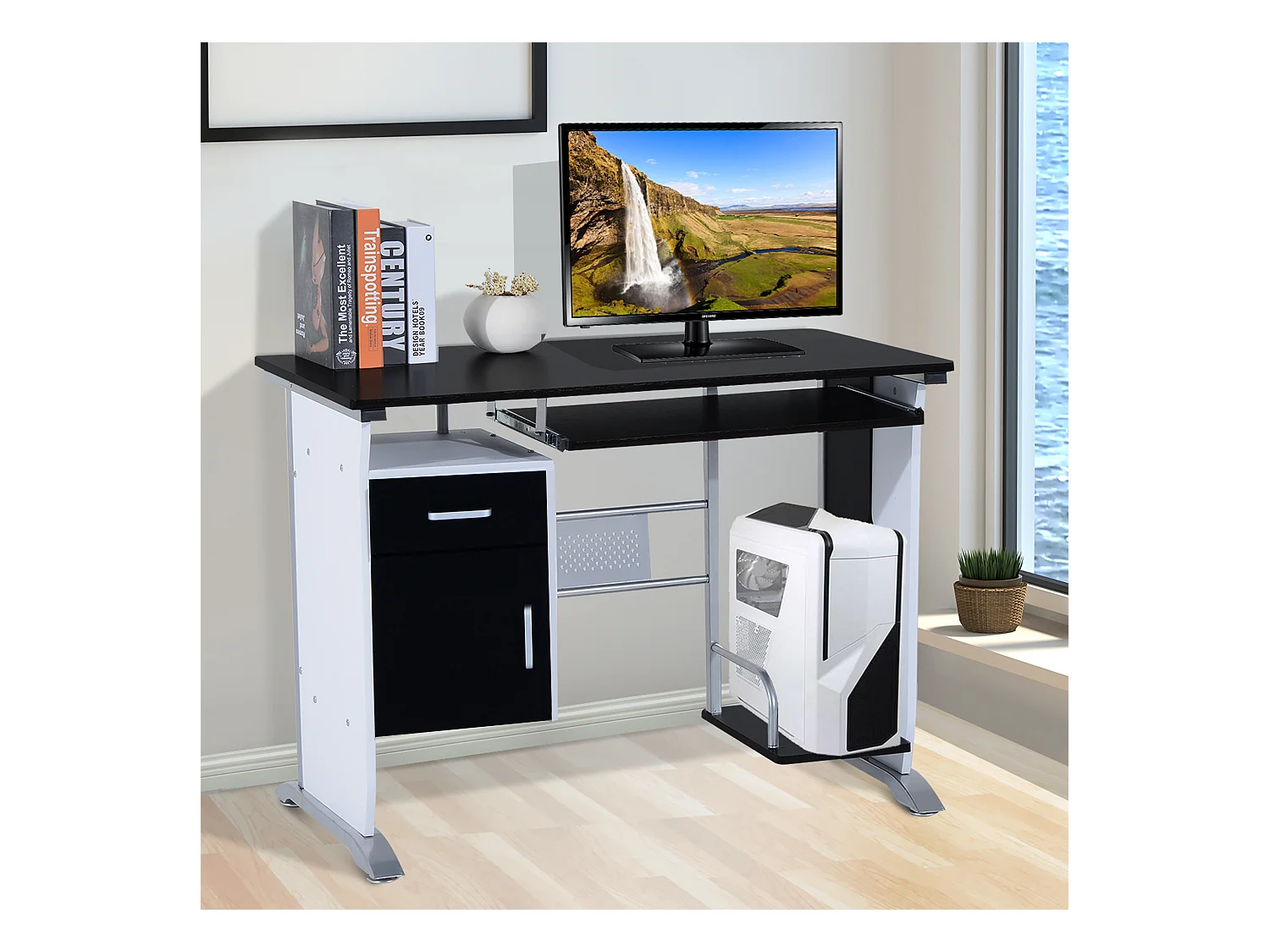 Bureau informatique design en mdf 100 L x 52 I x 75H cm noir et blanc