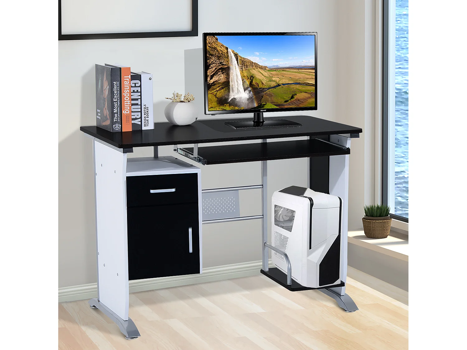 Bureau informatique design en mdf 100 L x 52 I x 75H cm noir et blanc