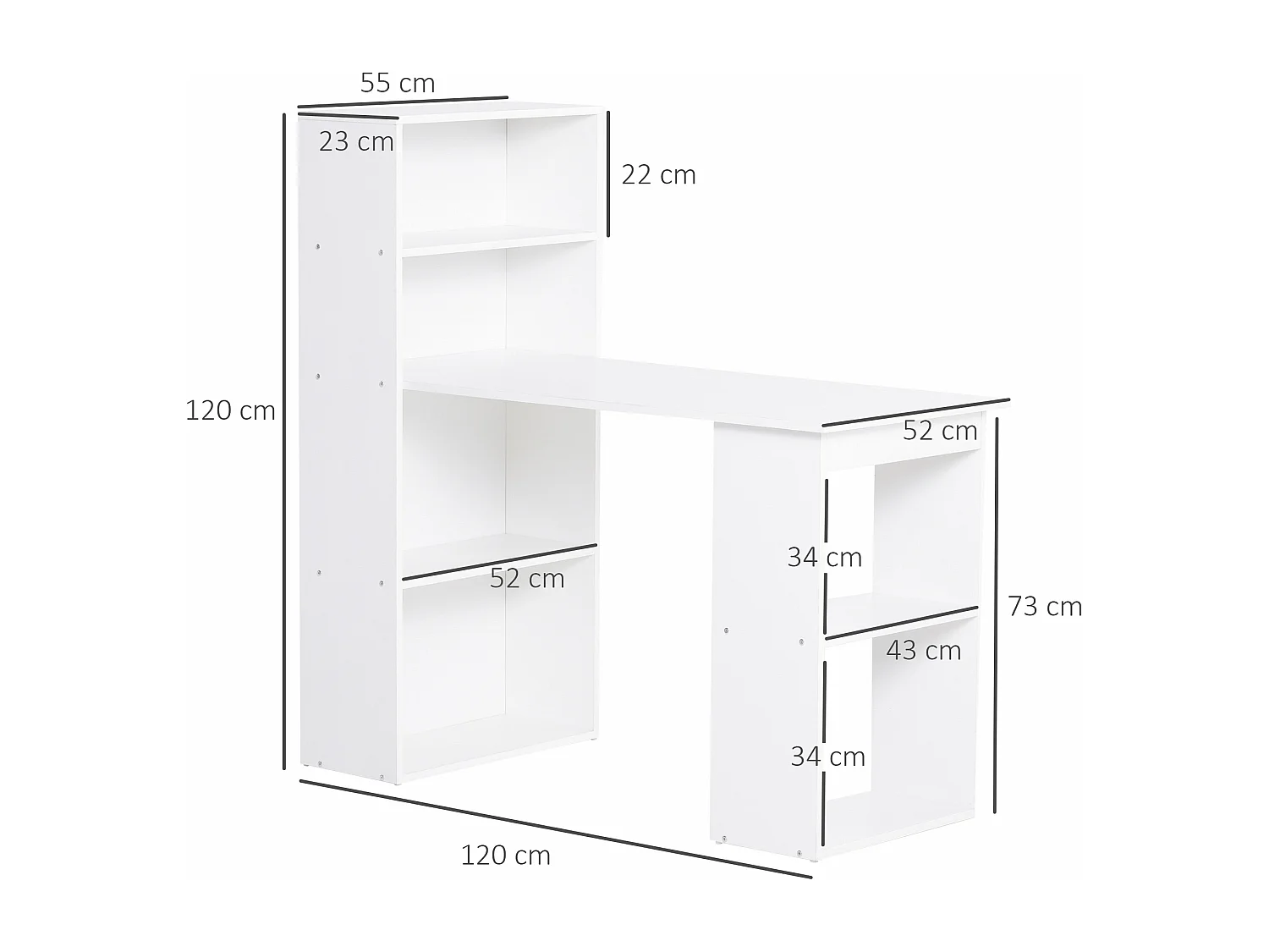 Bureau informatique 120L x 55l x 120H cm bibliothèque adjacente multi-rangements blanc