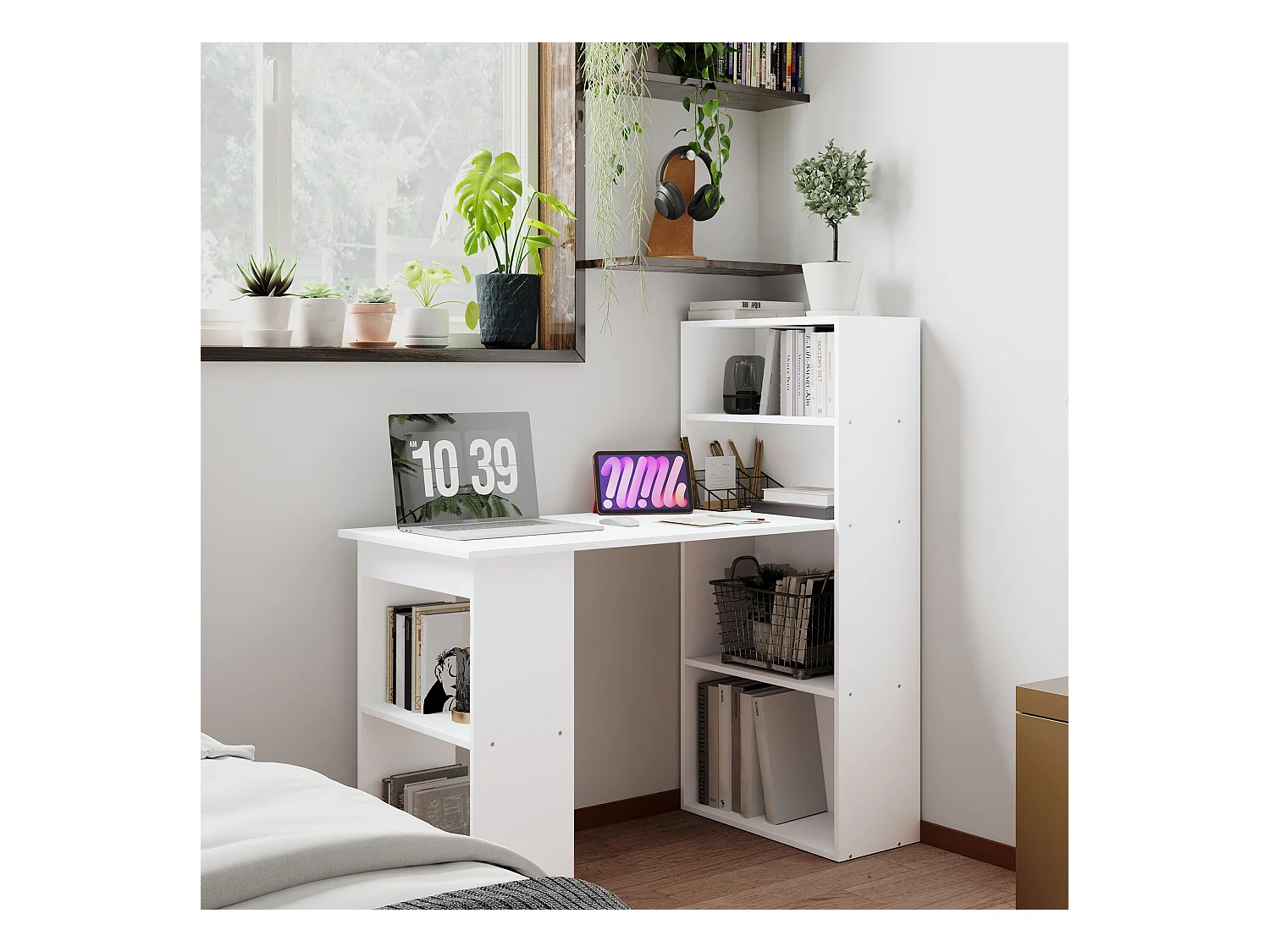 Bureau informatique 120L x 55l x 120H cm bibliothèque adjacente multi-rangements blanc