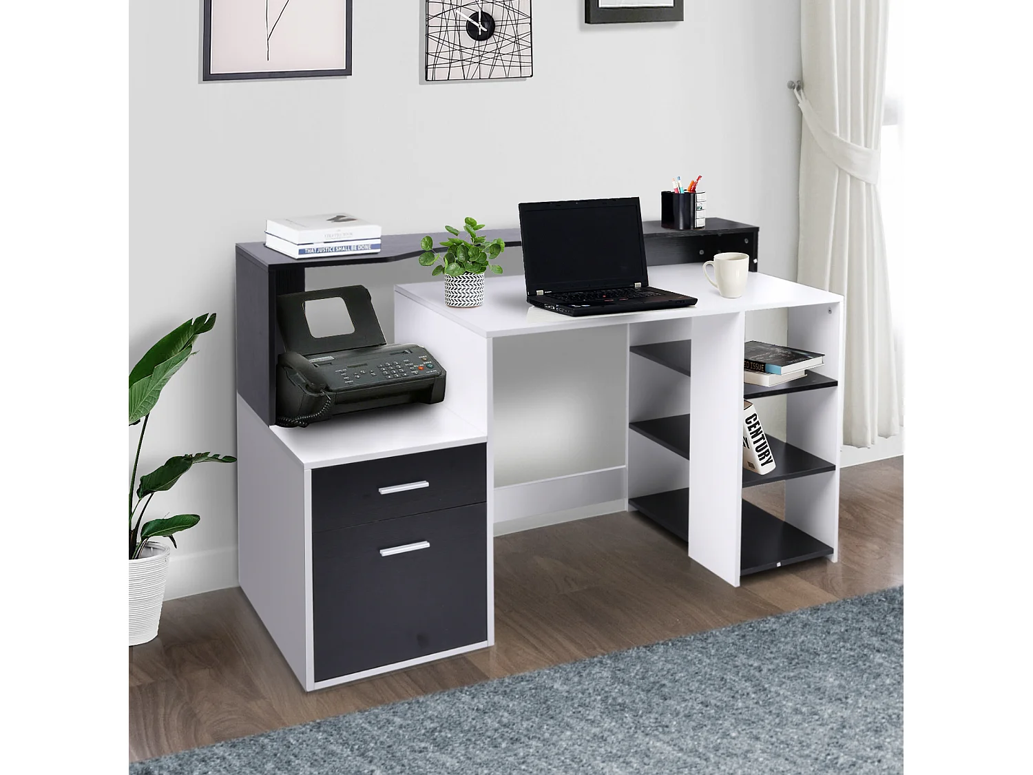 Bureau informatique multimédia design multi-rangements 137 L x 55 l x 92 H cm noir et blanc