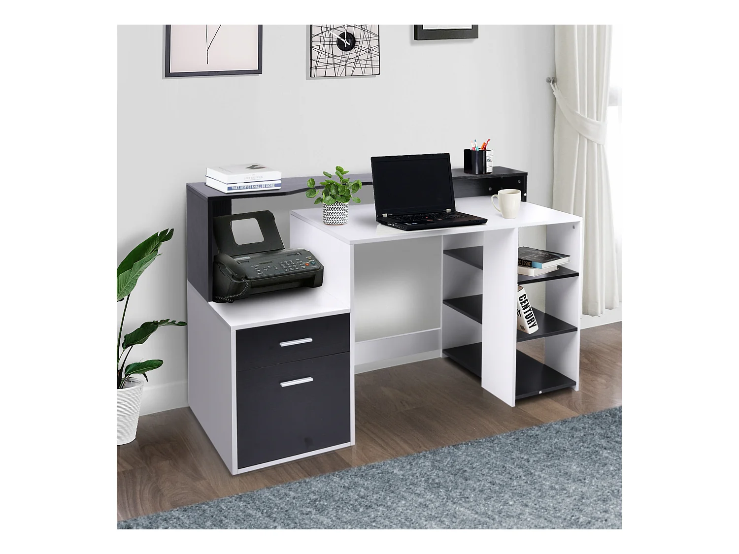 Bureau informatique multimédia design multi-rangements 137 L x 55 l x 92 H cm noir et blanc