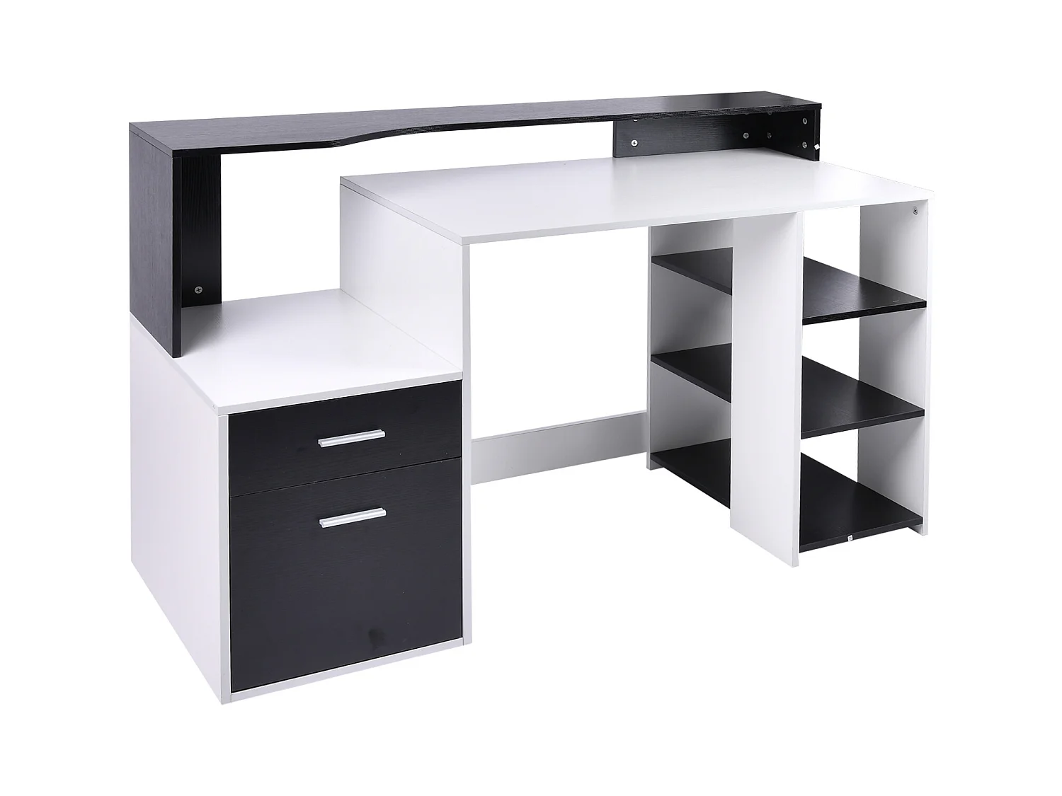 Bureau informatique multimédia design multi-rangements 137 L x 55 l x 92 H cm noir et blanc