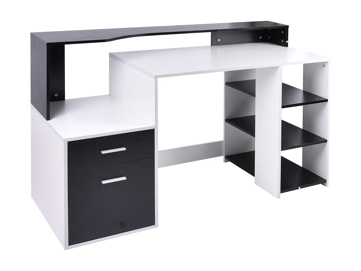Bureau informatique multimédia design multi-rangements 137 L x 55 l x 92 H cm noir et blanc