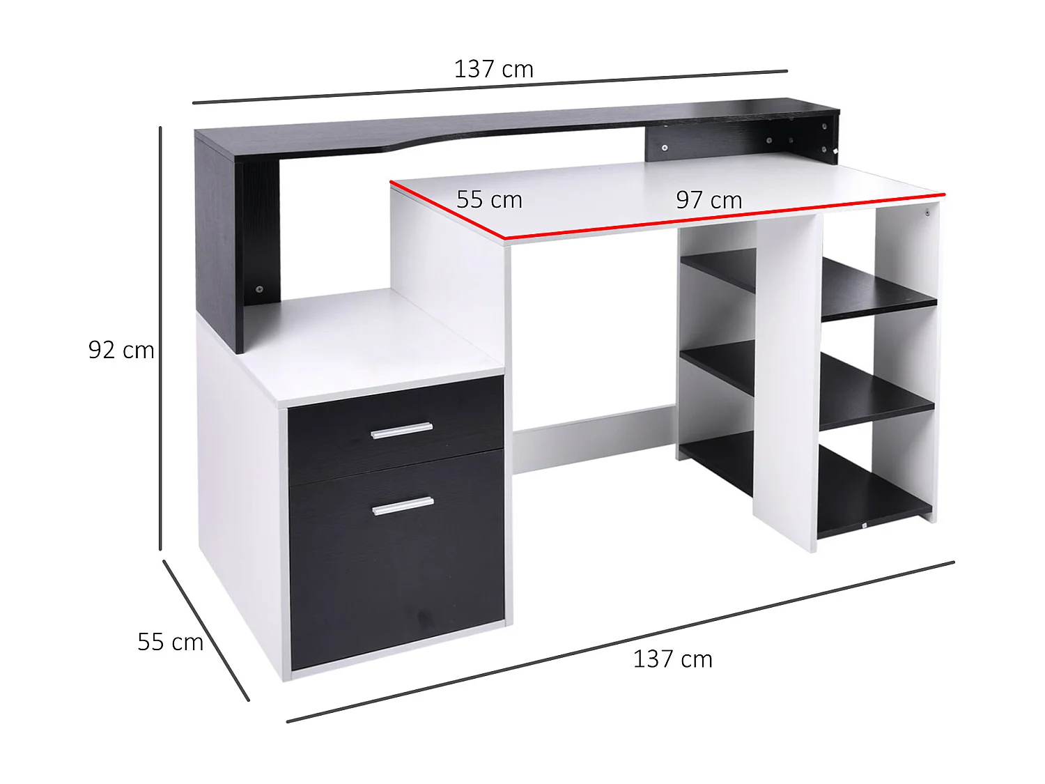 Bureau informatique multimédia design multi-rangements 137 L x 55 l x 92 H cm noir et blanc