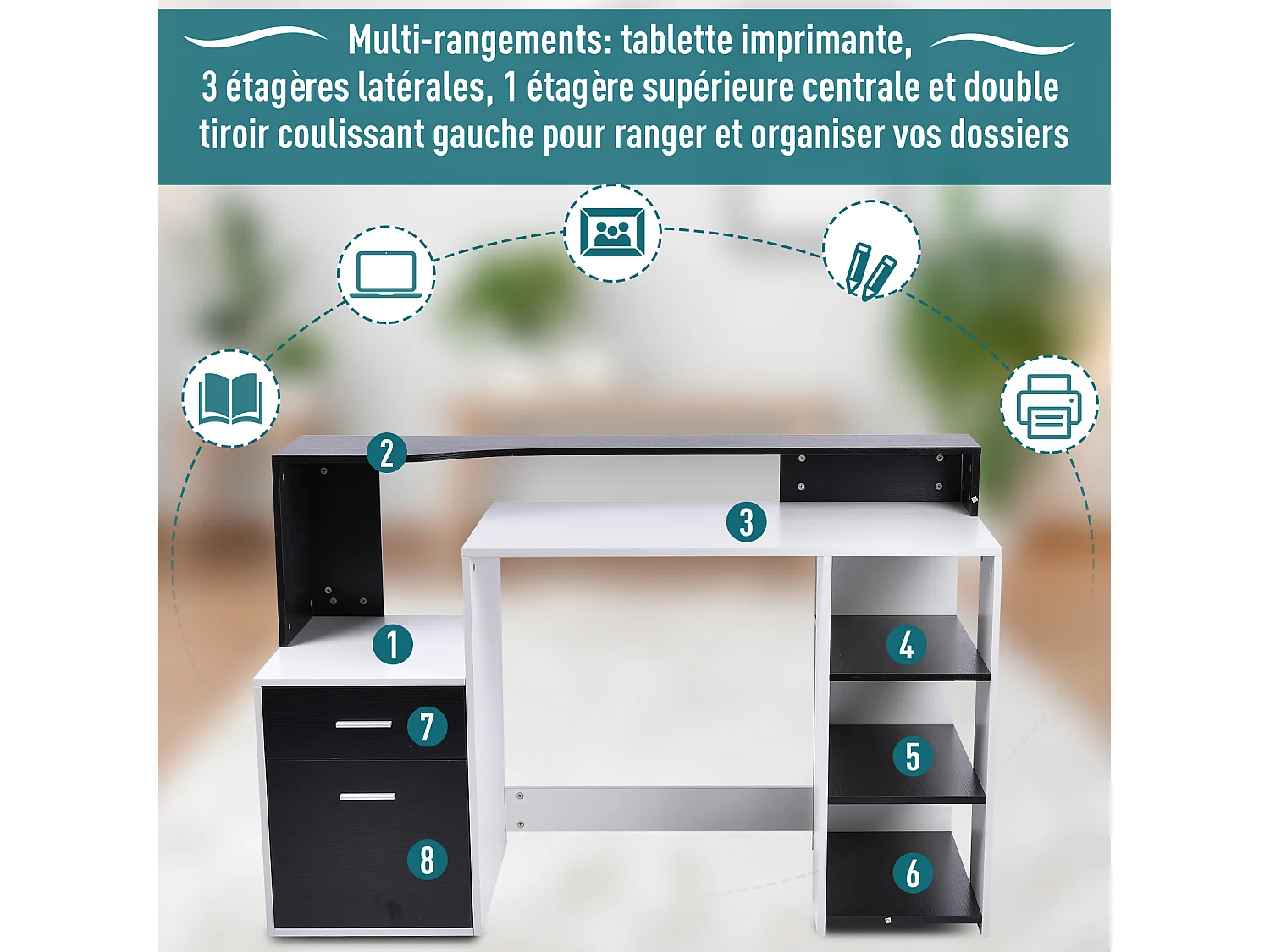 Bureau informatique multimédia design multi-rangements 137 L x 55 l x 92 H cm noir et blanc