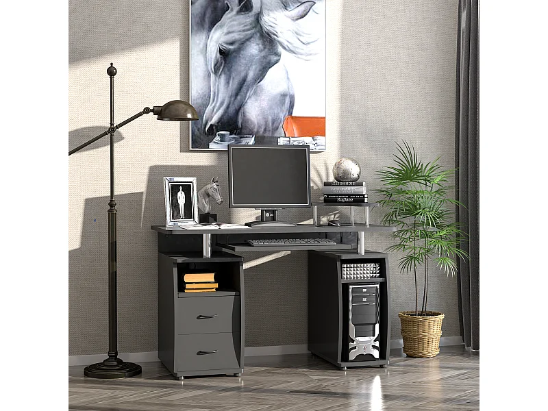 Bureau informatique multimédia multi-rangements 120L x 55l x 85H cm panneaux particules noir