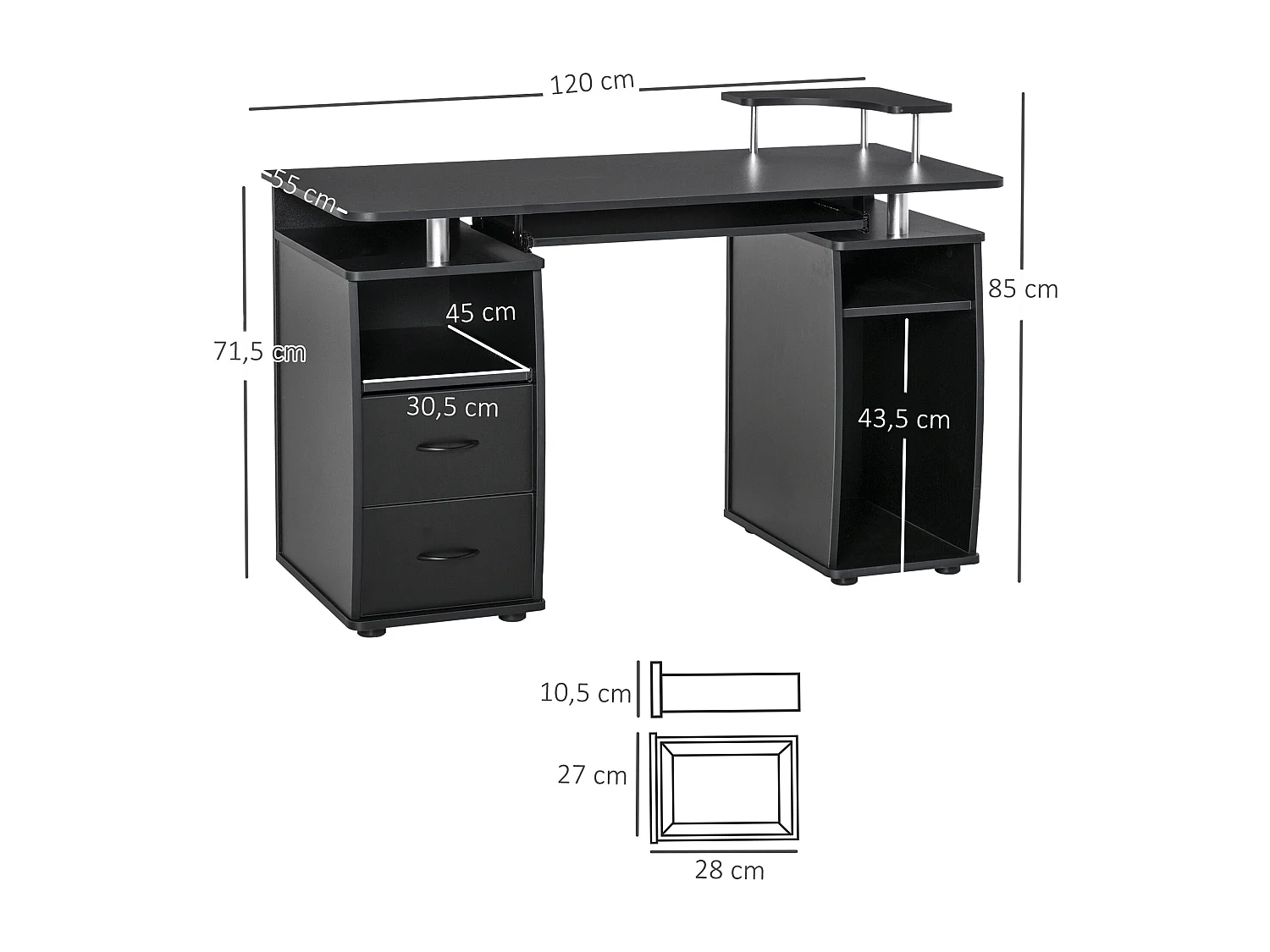 Bureau informatique multimédia multi-rangements 120L x 55l x 85H cm panneaux particules noir
