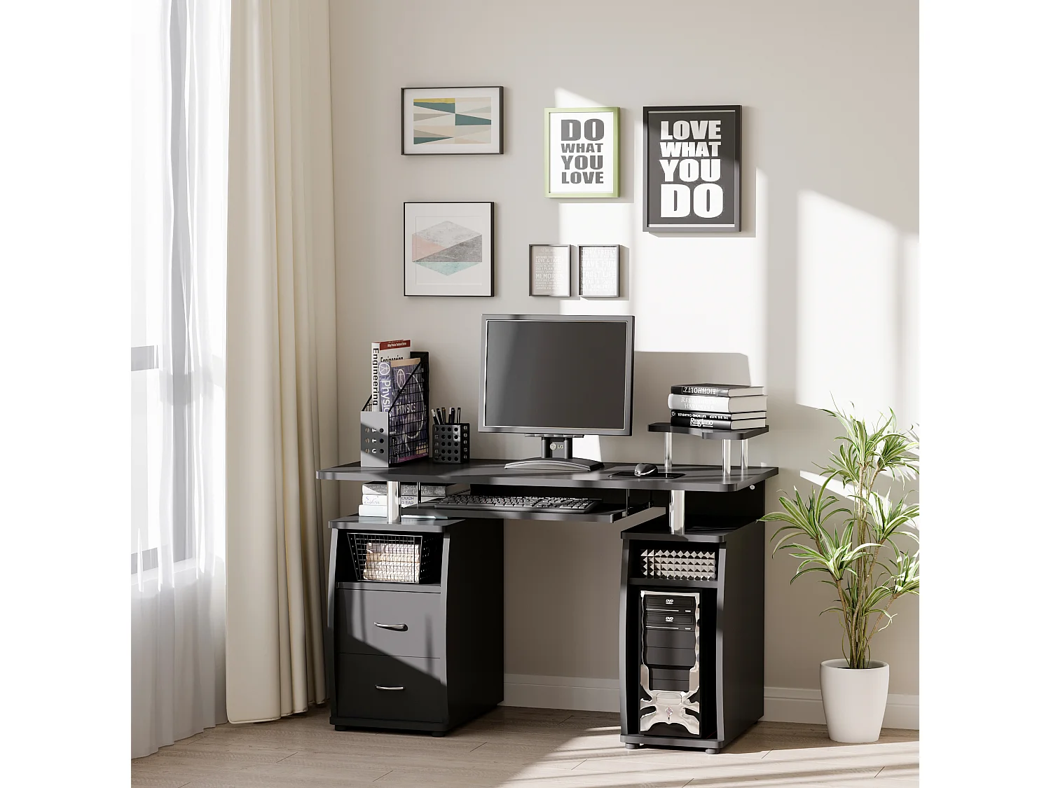 Bureau informatique multimédia multi-rangements 120L x 55l x 85H cm panneaux particules noir