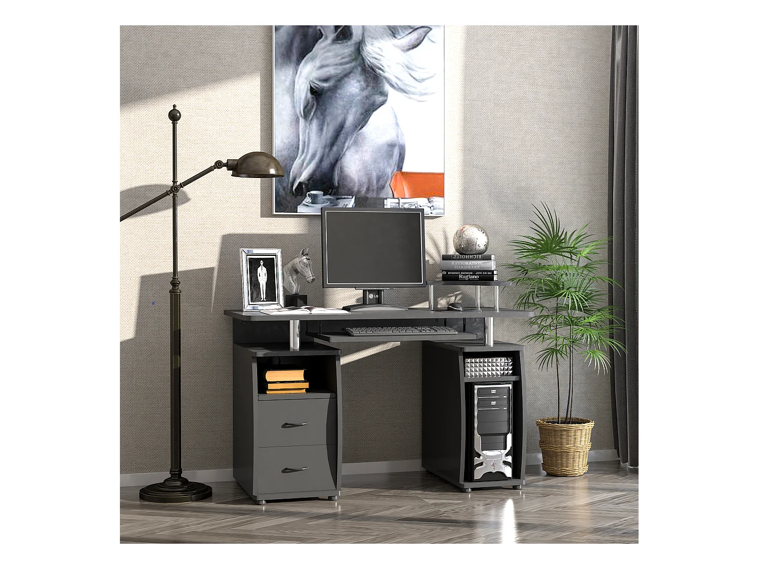 Bureau informatique multimédia multi-rangements 120L x 55l x 85H cm panneaux particules noir