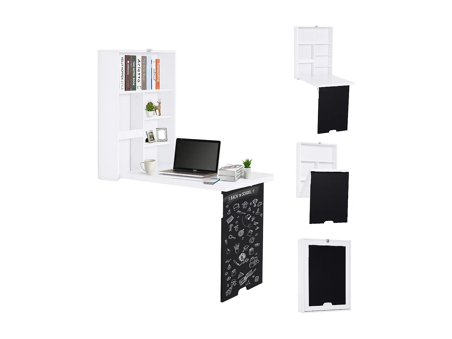 Bureau mural pliable table murale rabattable suspendue sur pied étagère + tableau à craie intégré MDF blanc